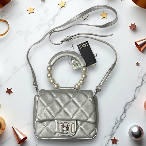 Badgley Mischka Mini Faux Pearl Handle Purse Crossbody Strap Metallic Grey Bag - Picture 6 of 6